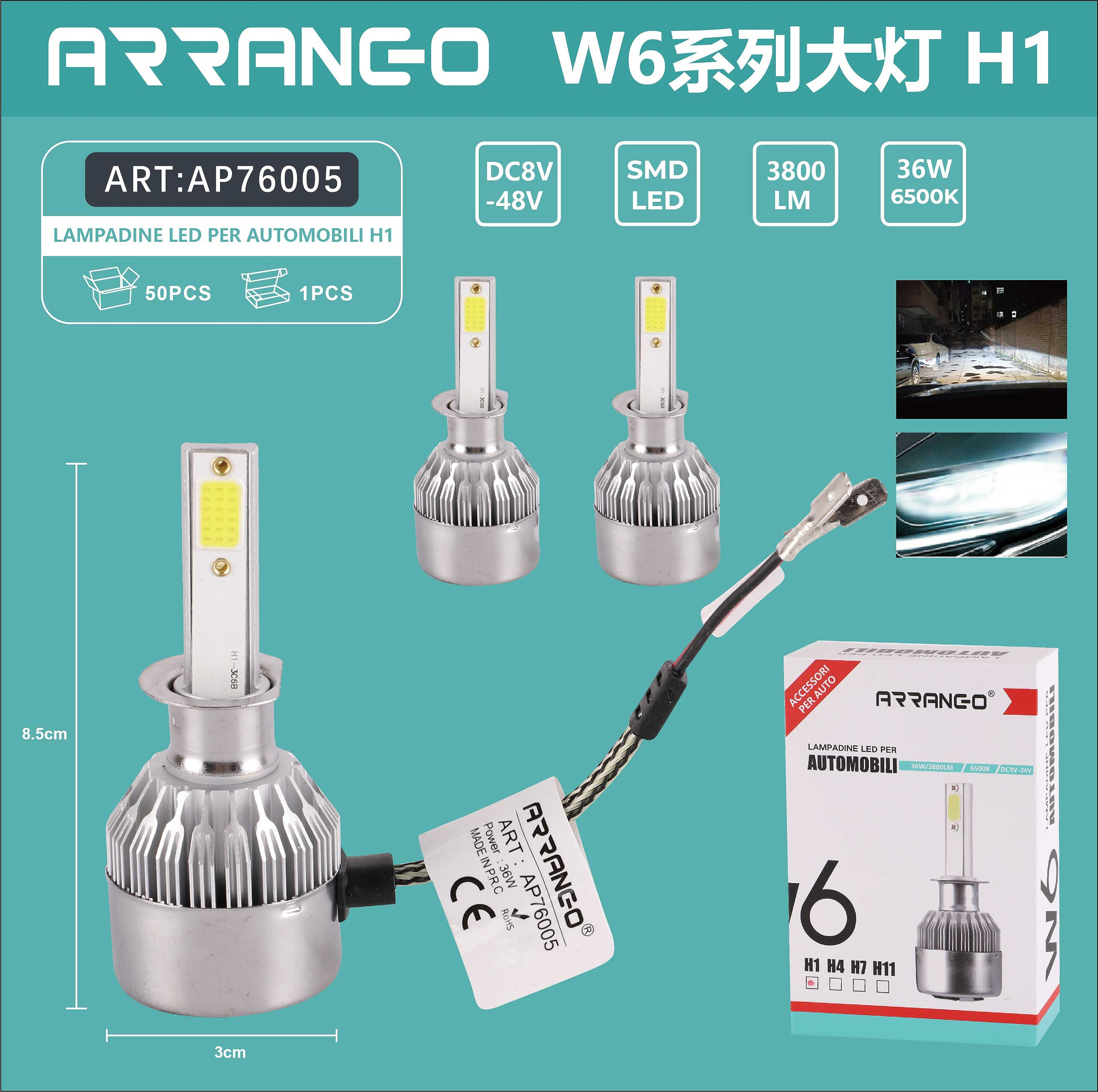 2x ARRANGO® Λαμπτήρες LED SMD Φώτα Πορείας H1 36W 6500K W6 3800Lm